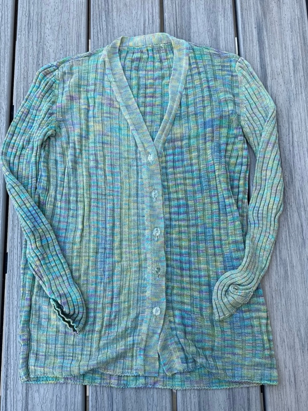 Vintage Lightweight Multicolor Ribbed Cardigan Sweater - Green Tones XS